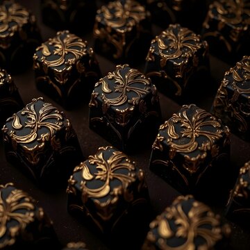 Black and Gold Decorative Chocolate Candies Repeating Pattern Close-up