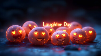 Cheerful arrangement of happy face emojis with heart eyes and glowing "Laughter Day" text highlighted in a soft neon glow