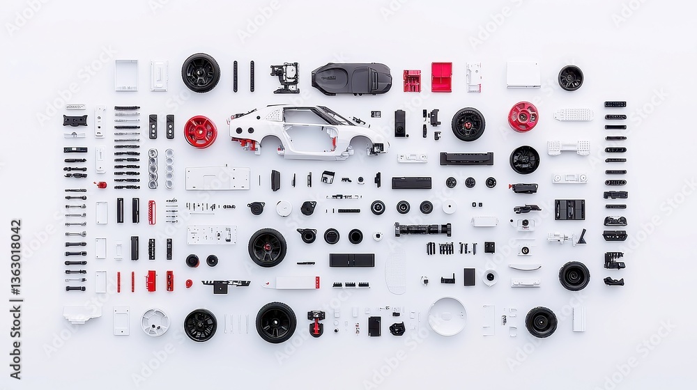 Poster futuristic concept car assembly, detailed view of disassembled vehicle components arranged in geomet