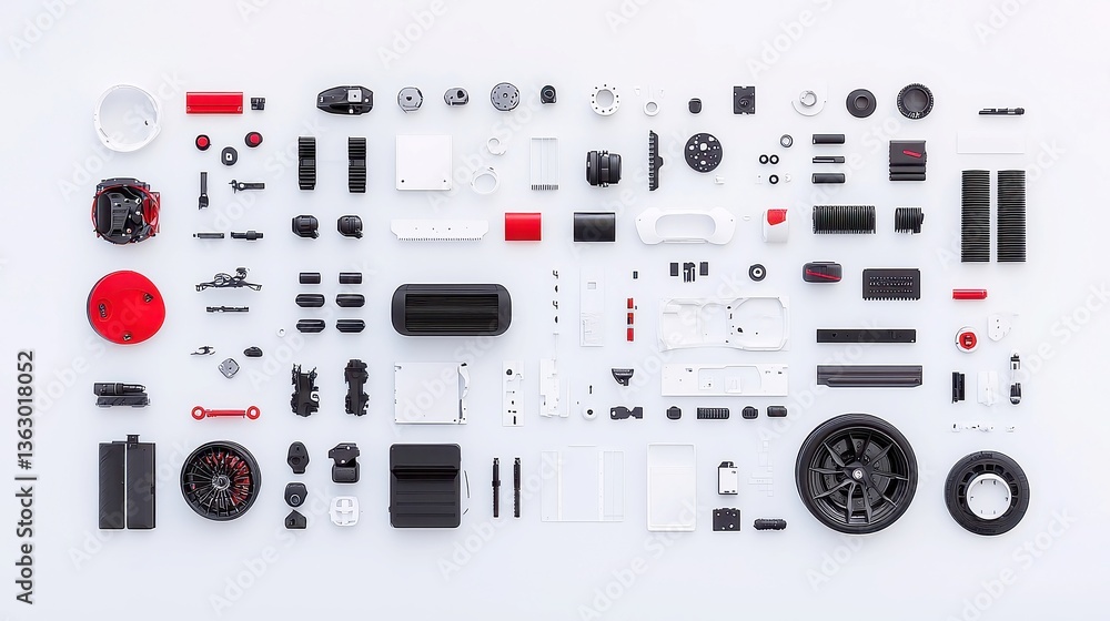 Poster futuristic concept car assembly, detailed view of disassembled vehicle components arranged in geomet