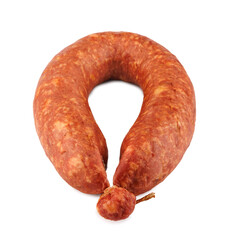 Krakow sausage isolated on white background . Circle of smoked sausage .