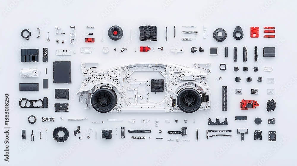 Poster futuristic concept car assembly, detailed view of disassembled vehicle components arranged in geomet