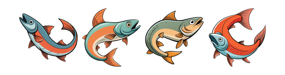 Set of  Whirling Salmon Fish Realistic Illustration Featuring Bright Colors