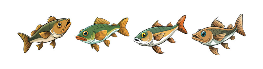 Set of  Whiskered Cod Fish Illustration Featuring Bright Colors