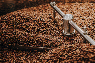 Roasted Coffee Beans Inside a Probat Coffee Roaster with Dramatic Lighting