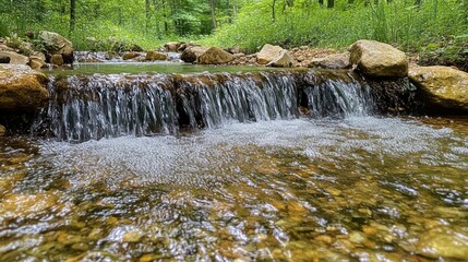 Obraz premium Small waterfall cascading over rocks in a shallow stream. Clear, flowing water over stones in a lush forest setting