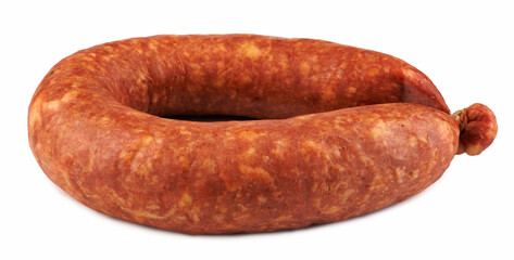 Krakow sausage isolated on white background . Circle of smoked sausage .
