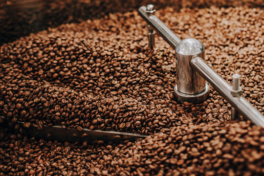 Roasted Coffee Beans Inside a Probat Coffee Roaster with Dramatic Lighting