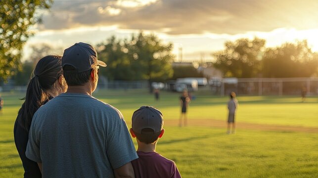 A family enjoys a sunset while watching a youth baseball game in a park, with children playing in the background and trees lining the field under a colorful sky - Powered by Adobe