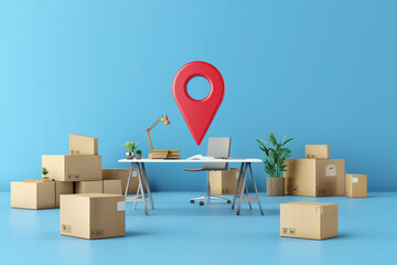 This image features a minimalistic office setting with cardboard moving boxes and a red location marker on a blue background, symbolizing a new beginning or relocation