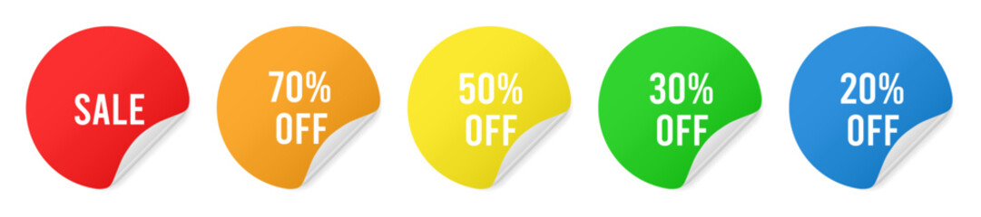 Set of multicolored round stickers with sale announcement. Discount voucher. Black Friday special offer label.	