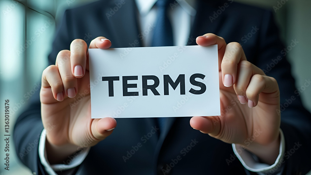 Poster businessman signing terms of use: understanding website terms and conditions before clicking agree b
