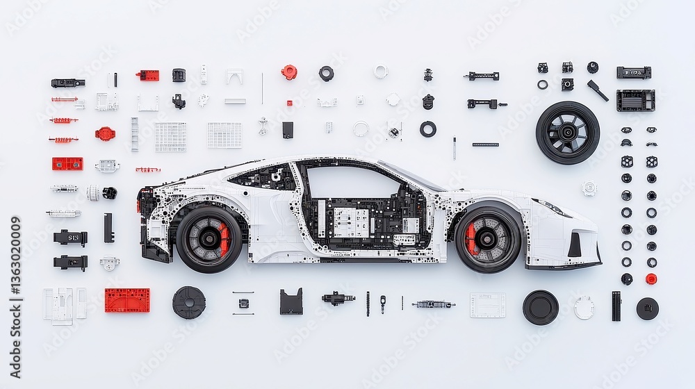 Poster exploded view of modern sports car disassembly, intricate layout of color-coded components on white 