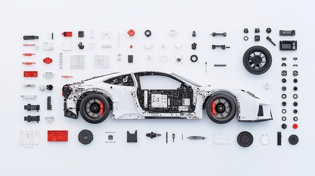 Exploded View of Modern Sports Car Disassembly, intricate layout of color-coded components on white backdrop, highlighting advanced engineering and metallic textures.