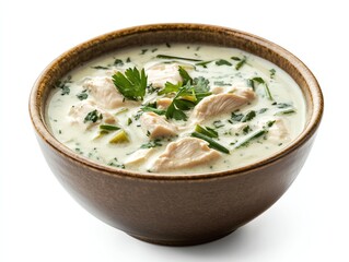 Creamy Chicken Soup in Bowl with Fresh Herbs Close Up