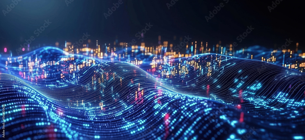 Poster digital landscape with glowing waves and lights, abstract representation of data flow and technology