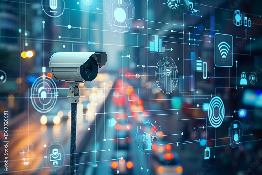 Poster surveillance camera monitoring smart city traffic with futuristic interface and data analytics symbo