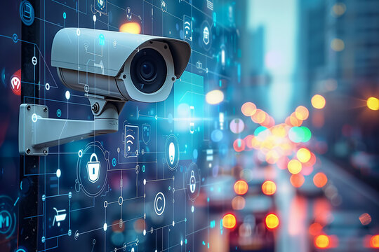 Surveillance Camera Overlooking Smart City with Augmented Reality Interface of Cybersecurity and IoT Icons in a High-Tech Urban Environment at Night