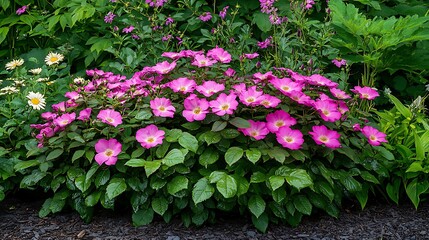 Naklejka premium Pink Groundcover Roses Blooming in a Summer Garden AI Generated