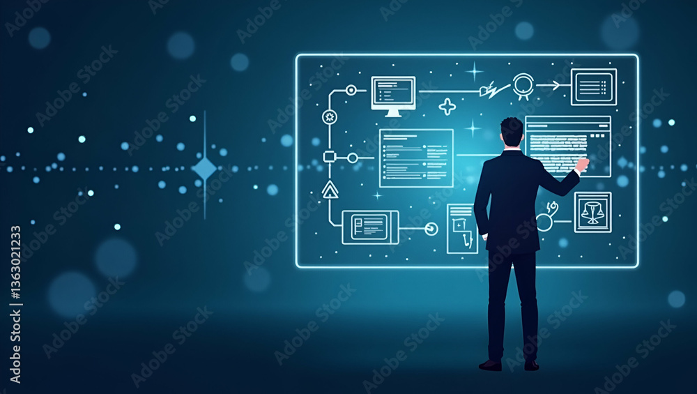 Poster streamlined business onboarding process: a businessman engaging with virtual interface for efficient