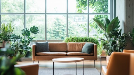Fototapeta premium Cozy Living Room with Lush Green Plants and Bright Natural Light