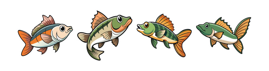 Set of Sweet Winged Bass Fish Colorful Design