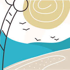 Tropical scene with tree and ocean view. Vector