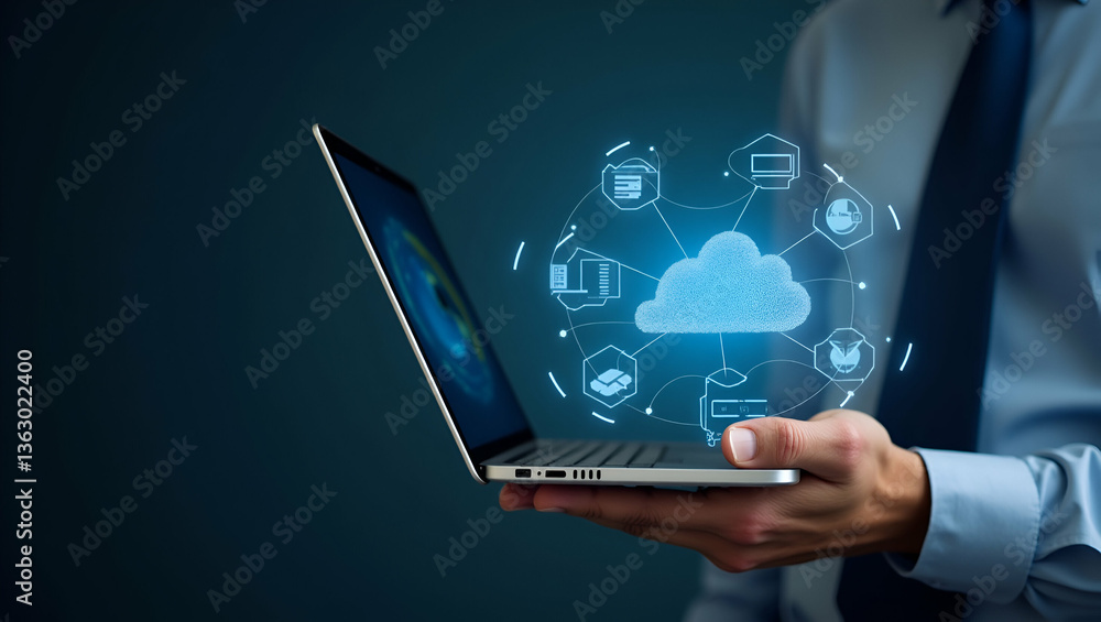 Poster man using laptop with cloud computing diagram: networking, internet services, cloud technology & dat