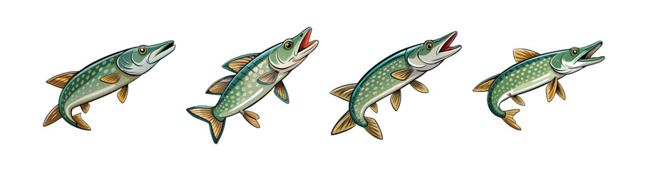 Set of Realistic Wintertide Pike Fish Color Art