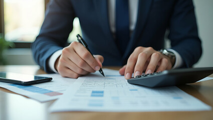 Businessman Managing Finances with Calculator and Notes in Office