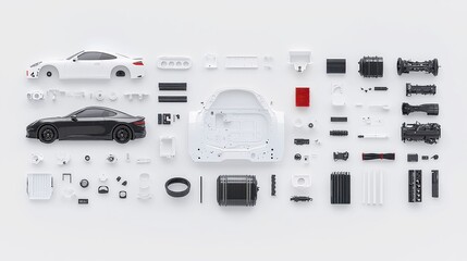 Minimalist Car Parts Arrangement Clean layout of organized car components on a white background, highlighting frame, motion, and electronics with sharp detail and soft shadows.