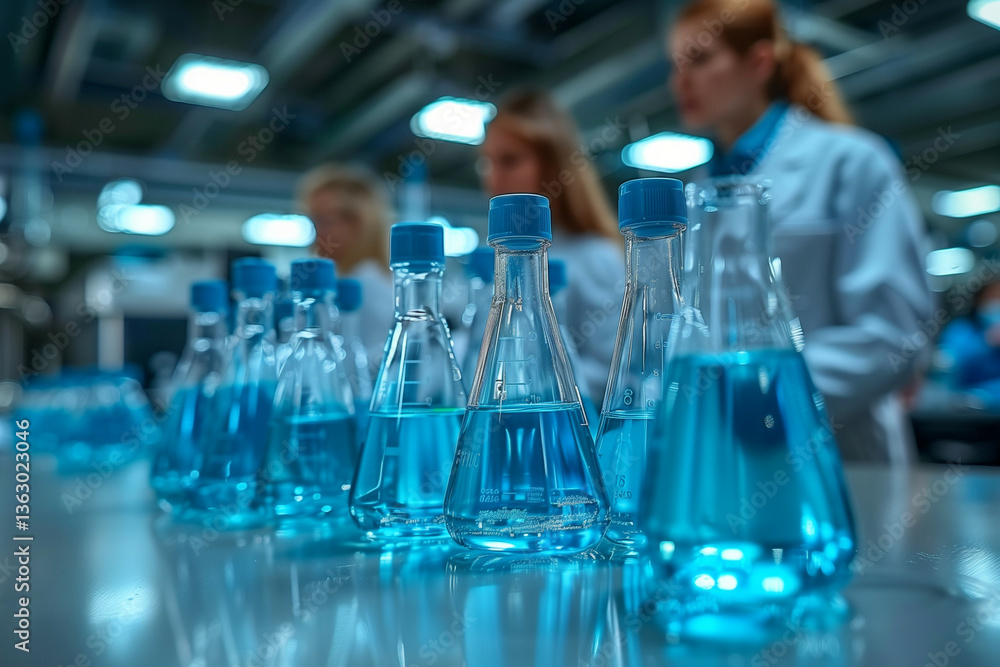 Poster a modern laboratory scene with scientists in white lab coats conducting experiments, featuring multi