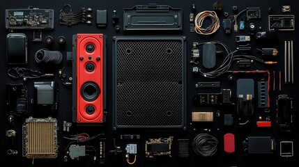 Disassembled Portable Bluetooth Speaker Flat Lay Detailed arrangement of speaker components including grill, drivers, wires, battery, and shell in a minimalist tech aesthetic
