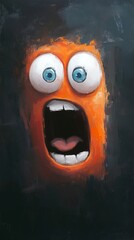 Surprised orange furry character with wide eyes and mouth on dark background