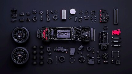 Disassembled RC Car Layout, meticulously arranged components including tires, motor, suspension, frame, and gears on a clean surface in dark and metallic tones.