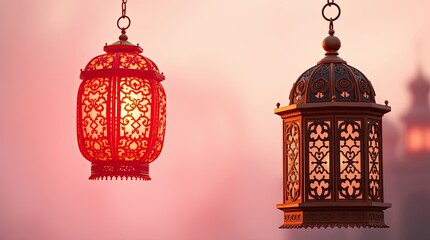 Obraz premium Two ornate lanterns hang against a soft pink background