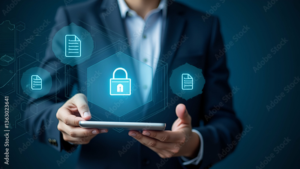 Poster enhance document safety and security: businessman uses online database management software for effic