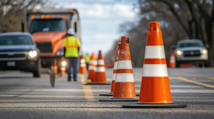 Construction Area with Traffic Cones on Urban Roadway in Daylight