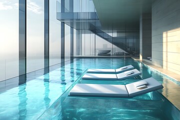 Obraz premium Sleek penthouse pool with floating sun loungers and a transparent floor.