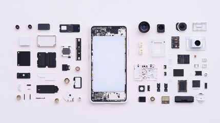 Smartphone Disassembly Showcase, a detailed flat lay arrangement of a disassembled smartphone featuring screen, camera modules, motherboard, chips, and battery on a light gray background