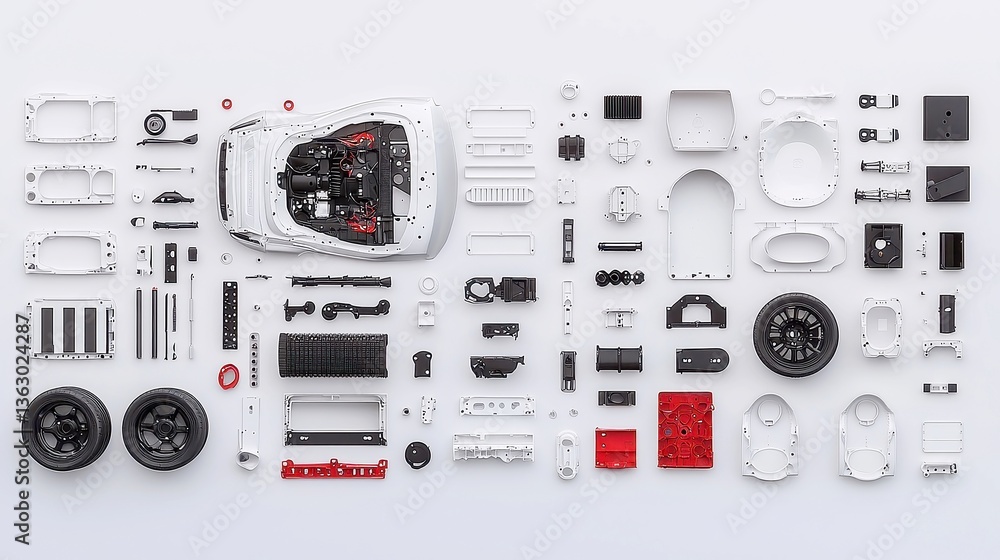 Poster deconstructed sports car assembly, hyper-detailed display of disassembled car parts arranged symmetr