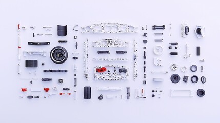 Sports Car Assembly Breakdown, Hyper-detailed view of disassembled sports car parts arranged symmetrically on a clean surface, showcasing textures, color contrasts, and intricate modular details.