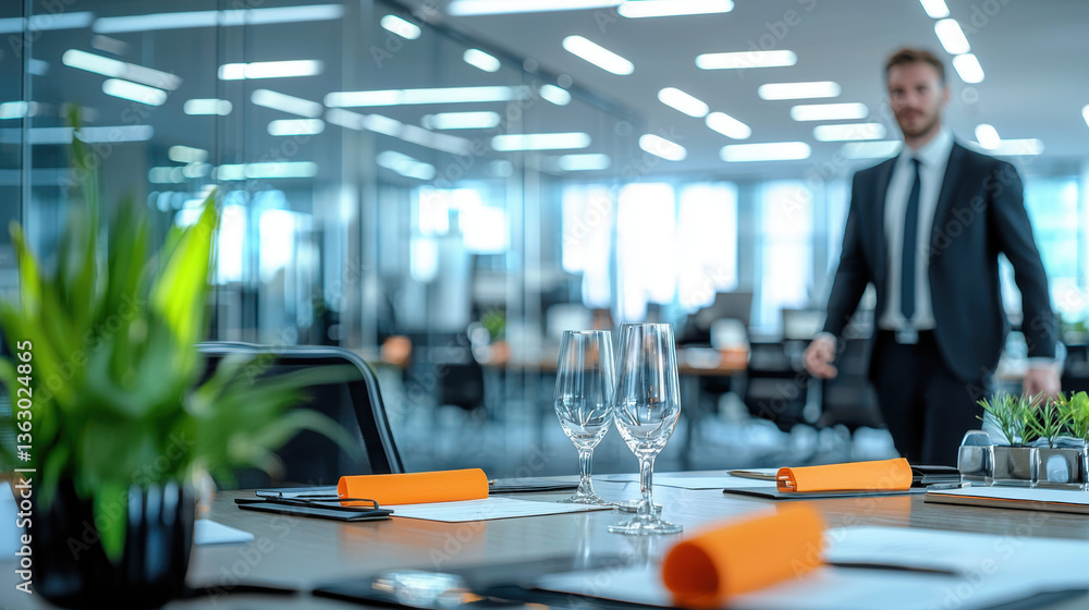 Aufkleber modern office setting featuring blurred backdrop with professional man suit walking towards well set