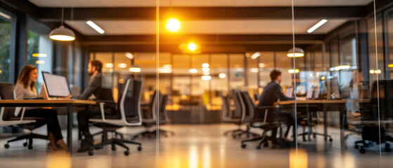 modern office space featuring glass walls, with employees working at desks, creating collaborative atmosphere