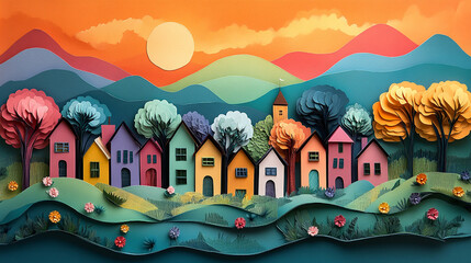 A vibrant and dynamic paper art creation, bursting with a spectrum of colors. This striking artwork features layers of vividly colored paper, intricately folded, cut, and arranged to form a lively