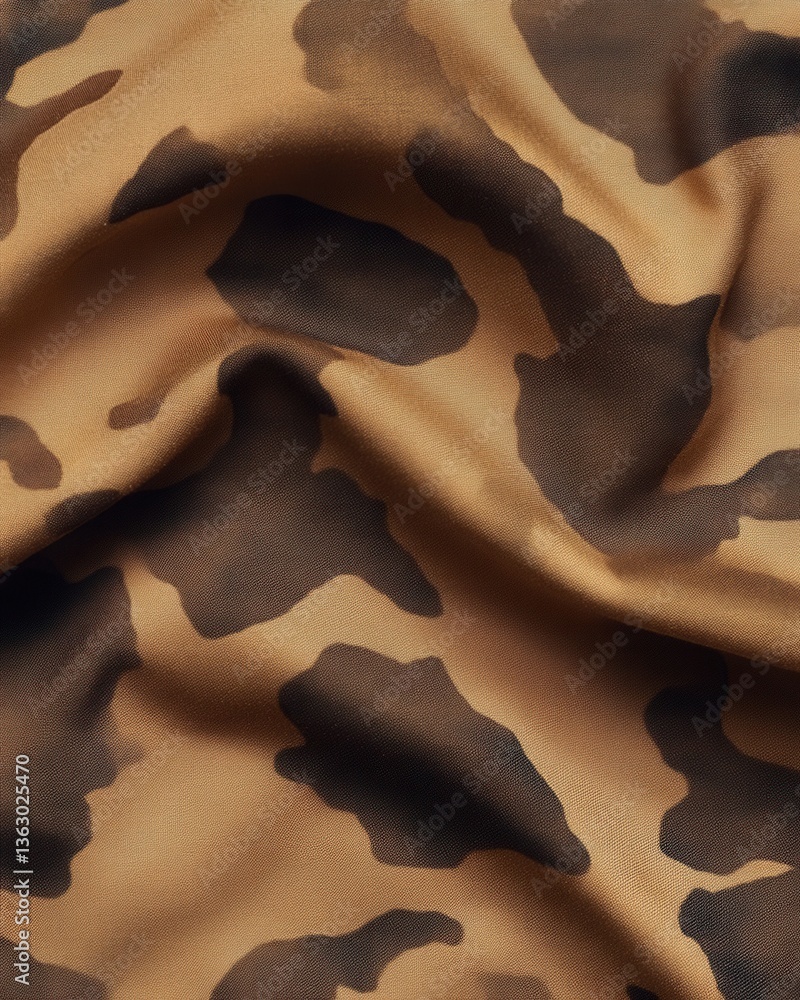 Poster abstract camouflage pattern fabric texture in brown and black tones with soft folds and flowing drap