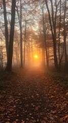 Fototapeta premium Enchanting Autumnal Forest Path Bathed in Golden Sunlight Through Misty Trees and Fallen Leaves Serene Nature Scene