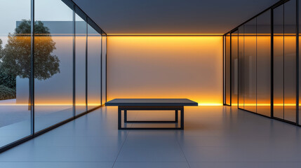 modern office space featuring sleek table surrounded by glass walls, illuminated by warm orange lighting, creating serene