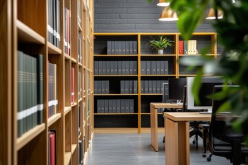 Obraz premium A modern office library with wooden shelves, organized files, computers, and a minimalist design, creating a productive workspace.
