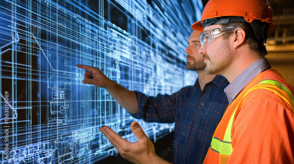 Aufkleber engineers collaborating on high tech infrastructure project, analyzing digital blueprints with focus